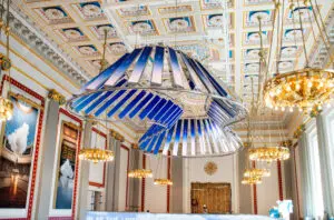 "Word Cloud" Suspended LED display structure at the Milken Institute.